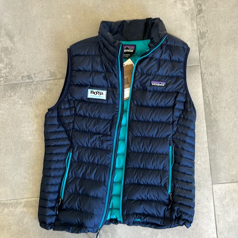 Patagonia down vest with noosa yoghurt branding